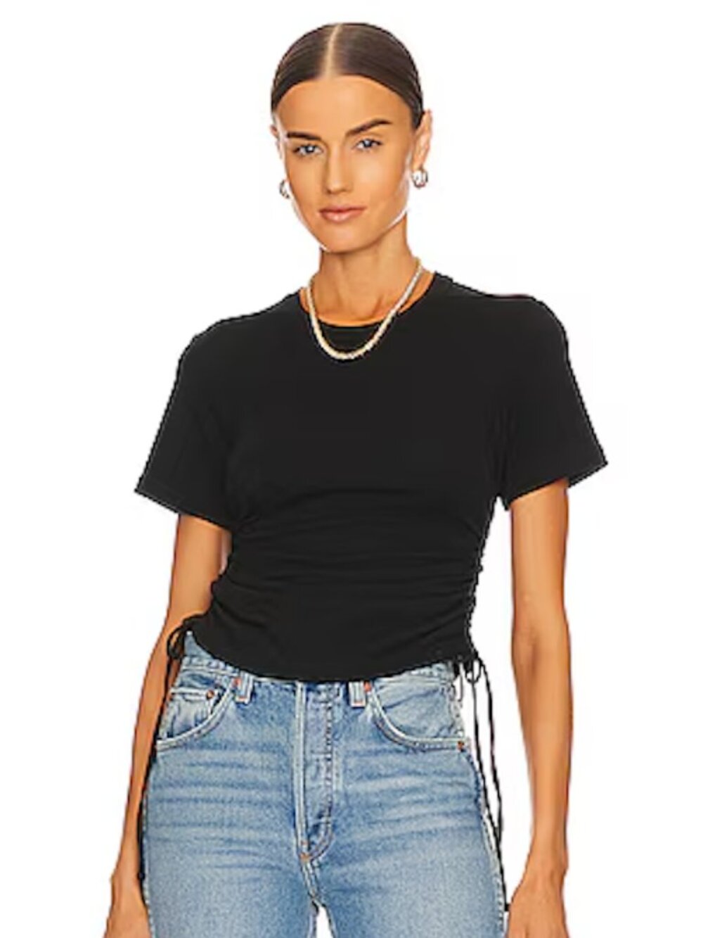 H:OURS Black Bamboo Jersey Ruched Cropped T-Shirt, Size S